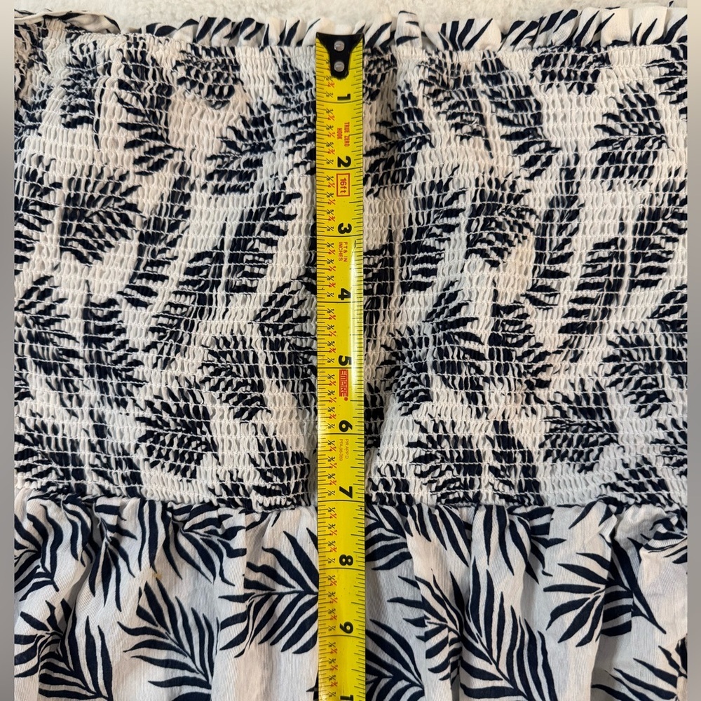 ee:some White & Navy Blue Palm Print Tiered Skirt Smocked Strapless Maxi Dress - Picture 12 of 14